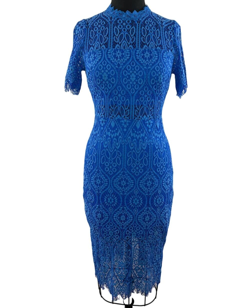 JUST ME Blue Short Sleeve Lace Crewneck Back Slit Cocktail Dress Size M Medium